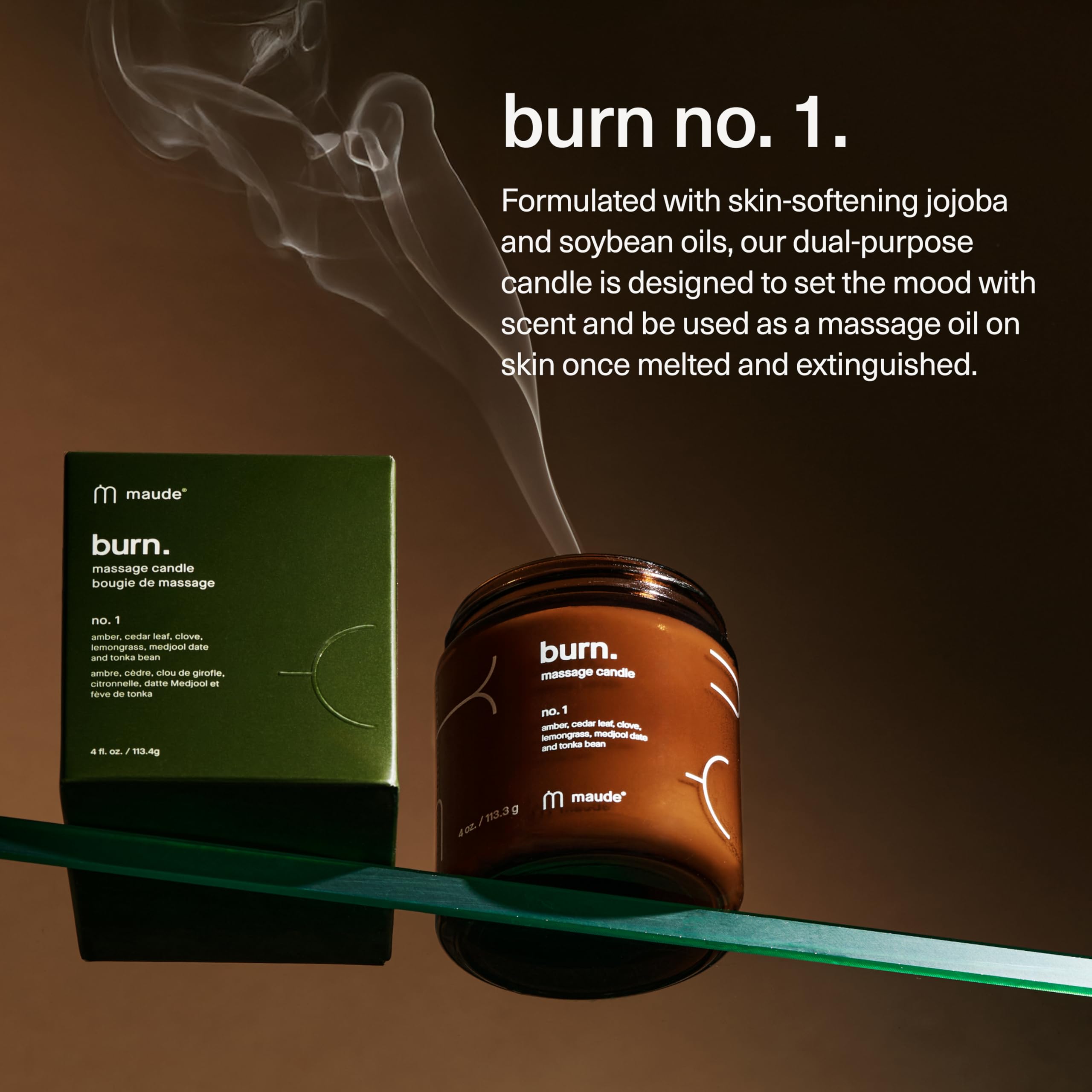 Maude Burn No. 1 - Jojoba Oil Massage Candle with Hydrating, Skin-Softening Soybean Oil - Massage Oil Candle with Notes of Amber