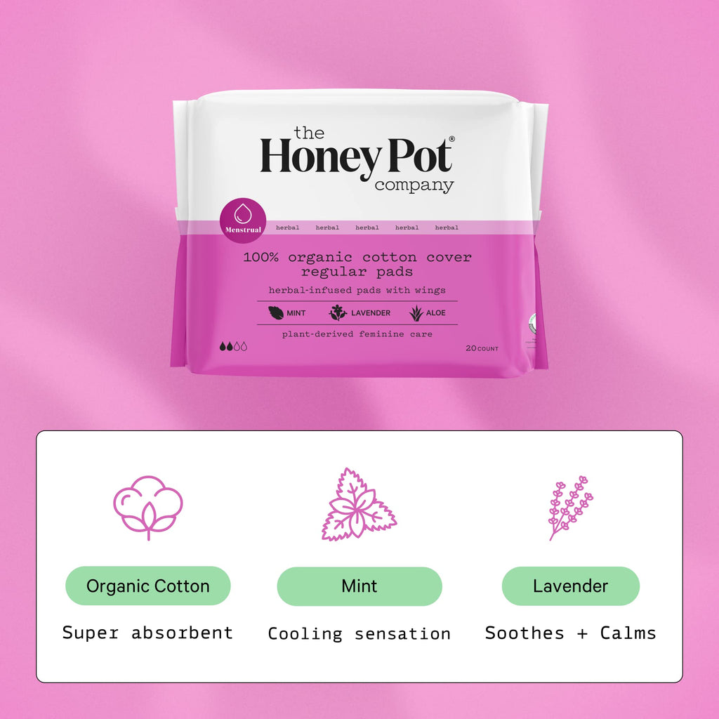 The Honey Pot Company Clean Cotton Regular Absorbency Pads, Herbal-Infused Pads with Wings, Plant-Derived Feminine & Menstrual C