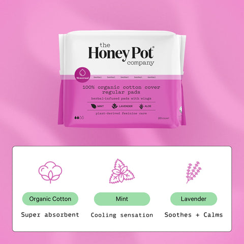 The Honey Pot Company Clean Cotton Regular Absorbency Pads, Herbal-Infused Pads with Wings, Plant-Derived Feminine & Menstrual C
