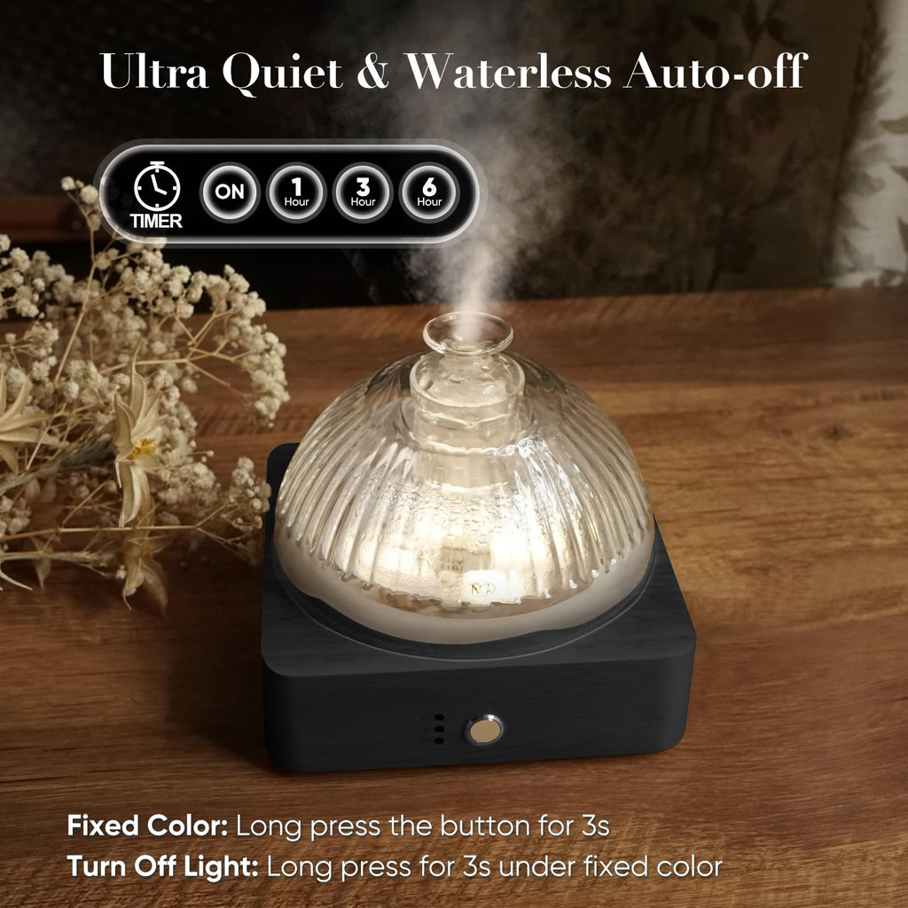 Glass Dome Essential Oil Diffuser with Glass Reservoir & Wood Base-Plastic Free, 200ml Ultrasonic Glass Diffuser for Aromatherap