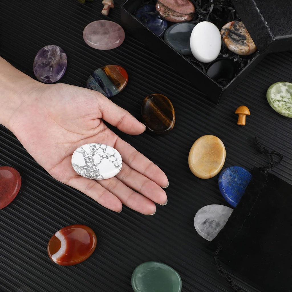 Fumete 18 Pcs Thumb Worry Stone for Anxiety Chakra Crystals, Oval Chakra Stones Tigers Eye Crystal for Anxiety Stress Relief Med