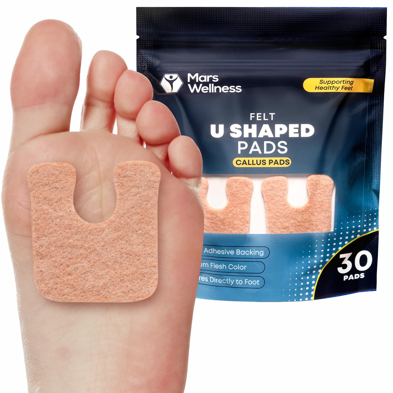 Mars Wellness U-Shaped Callus Pads for Feet, 1/4'' Thick, Flesh Colored, Pack of 30 with Adhesive Backing - Callus Remover for F