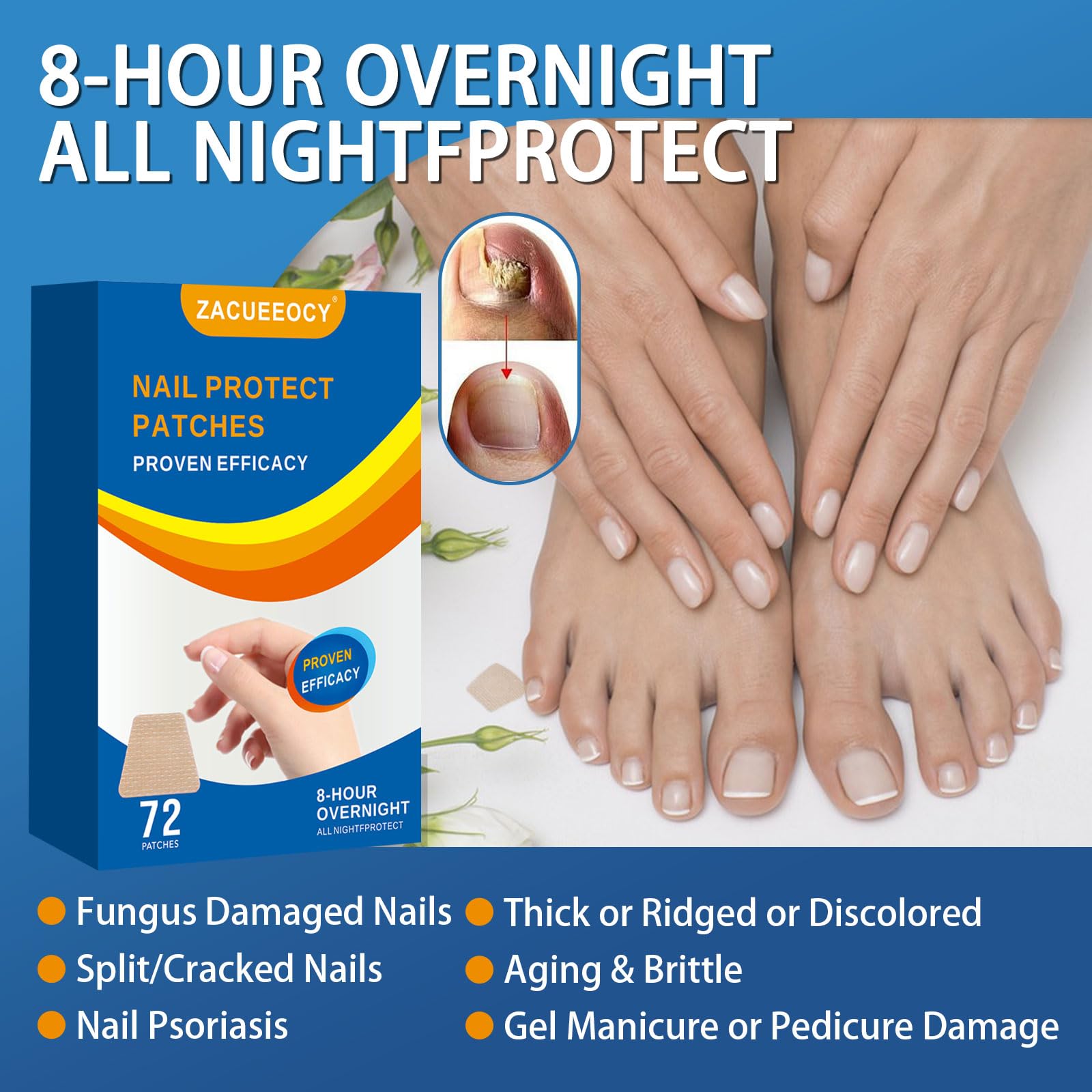 ZACUEEOCY 72PCS Nail Treatment Patches for Toenail and Fingernails, Nail Repair Patches Extra Strength 8-Hours Overnight Care an