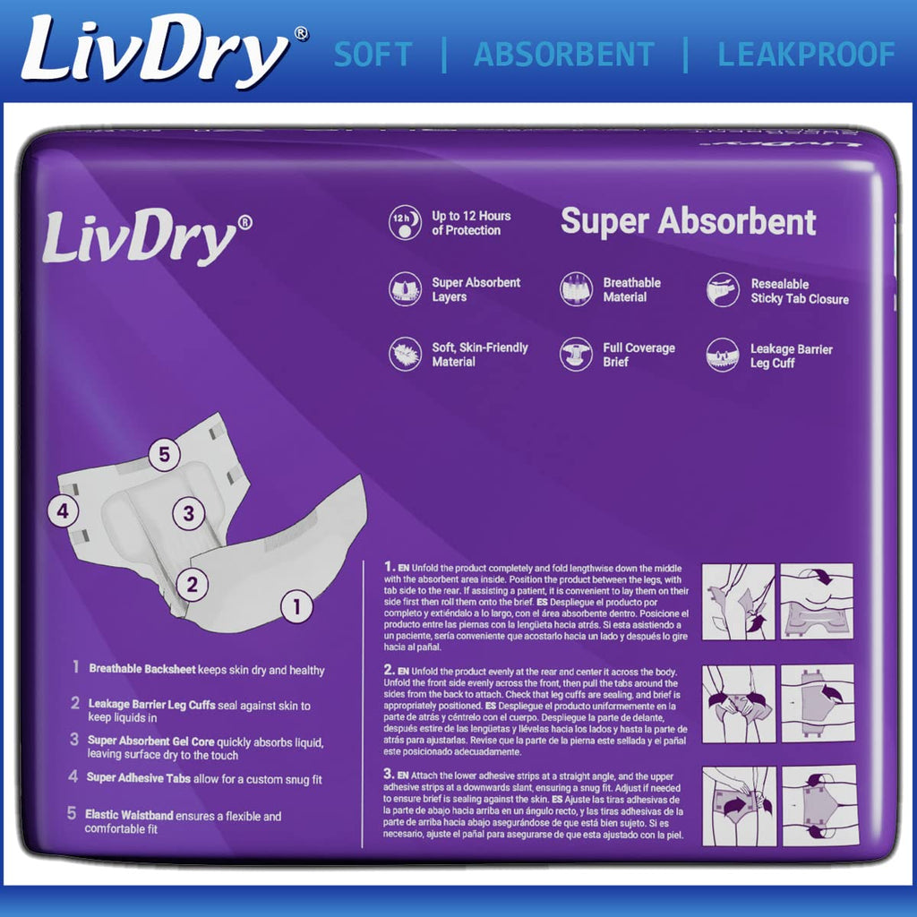 LivDry MegaBriefs XL Adult Diapers with Tabs, Max 12-Hour Capacity, Super Absorbent Incontinence Underwear, Leak Protection Brie