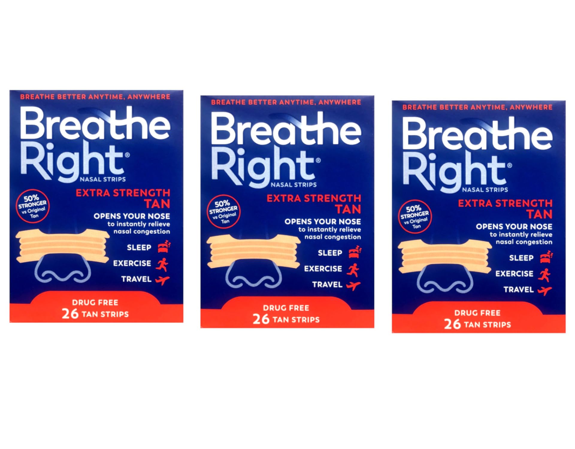 Breathe Right Nasal Strips to Stop Snoring, Drug-Free, Extra Tan, 78 Count (26 Each, Pack of 3)