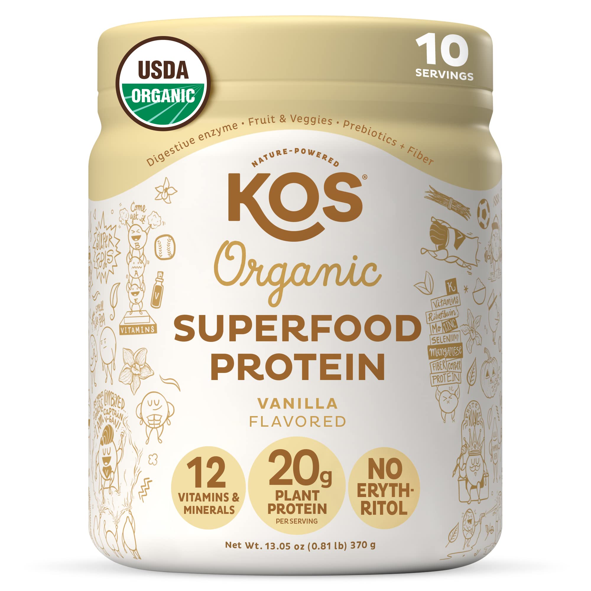 KOS Plant Based Protein Powder, Vanilla USDA Organic - Low Carb Pea Protein Blend, Vegan Superfood Rich in Vitamins & Minerals -