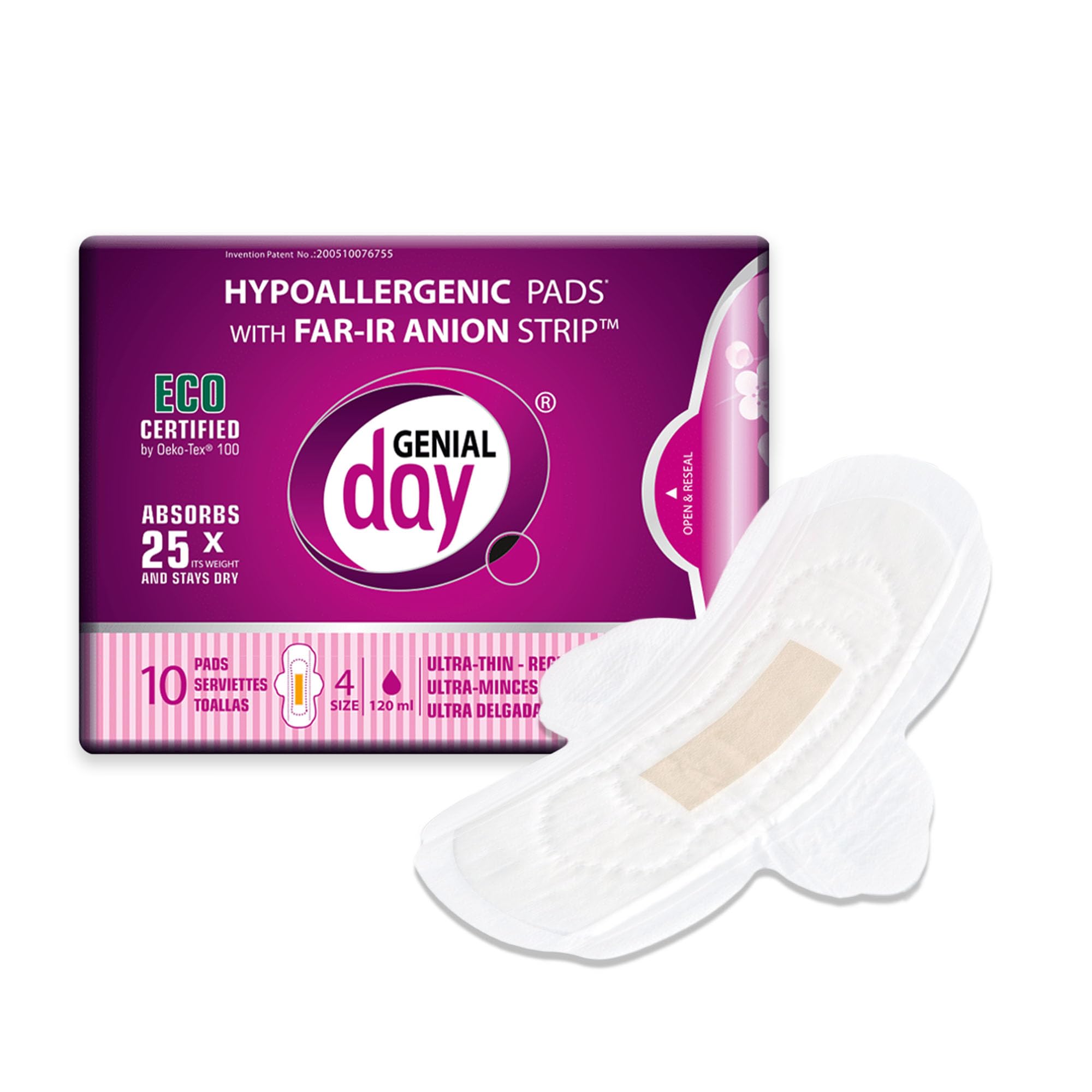 Genial Day Organic, Unscented, Eco Certified, Super Absorbent Pads with Wings Featuring Odor Control Anion Strip, Regular Flow (