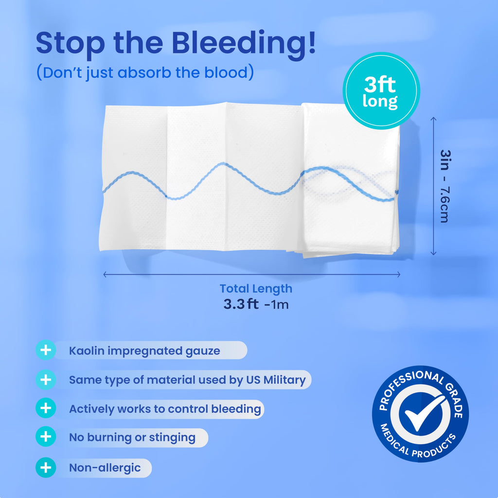 AllaQuix Advanced Kaolin Hemostatic Bandage - Sterile Z-Fold Clotting Gauze (3 in. x 3.3 ft) | Stops Bleeding Fast for Emergency
