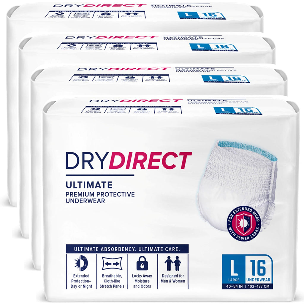 Dry Direct Ultimate Underwear, Made-in-USA Adult Diapers, Max Absorbency Disposable Incontinence Protection - Large (Case of 64)