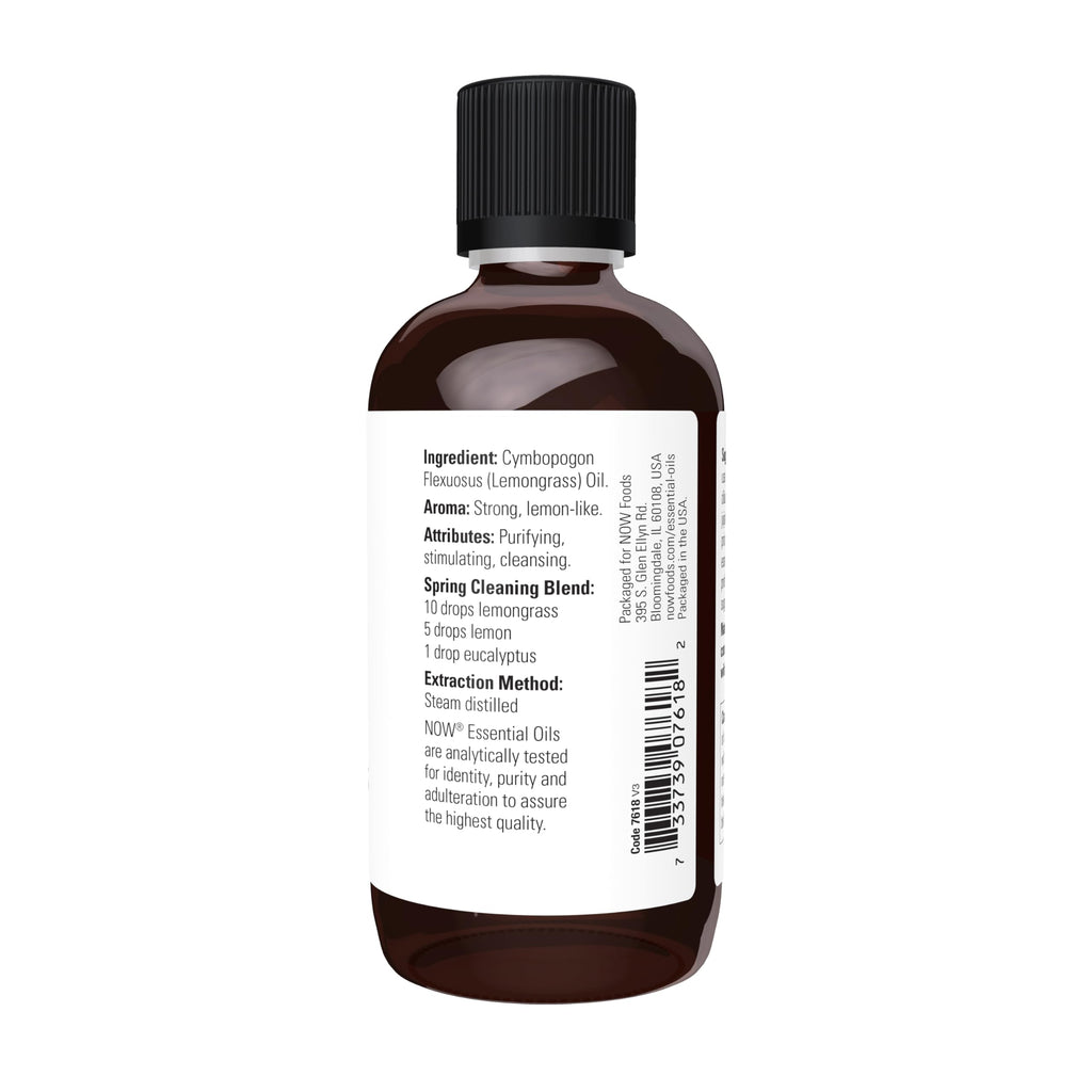 NOW Essential Oils, Lemongrass Oil, Uplifting Aromatherapy Scent, Steam Distilled, 100% Pure, Vegan, Child Resistant Cap, 4-Ounc