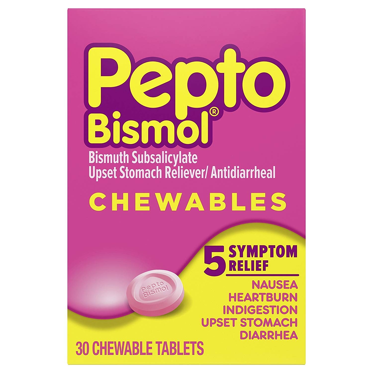 Pepto Bismol Upset Stomach Indigestion Nausea Heartburn and Diarrhea Relief Medicine 30 Chewable Tablets (Pack of 4) (Packaging 