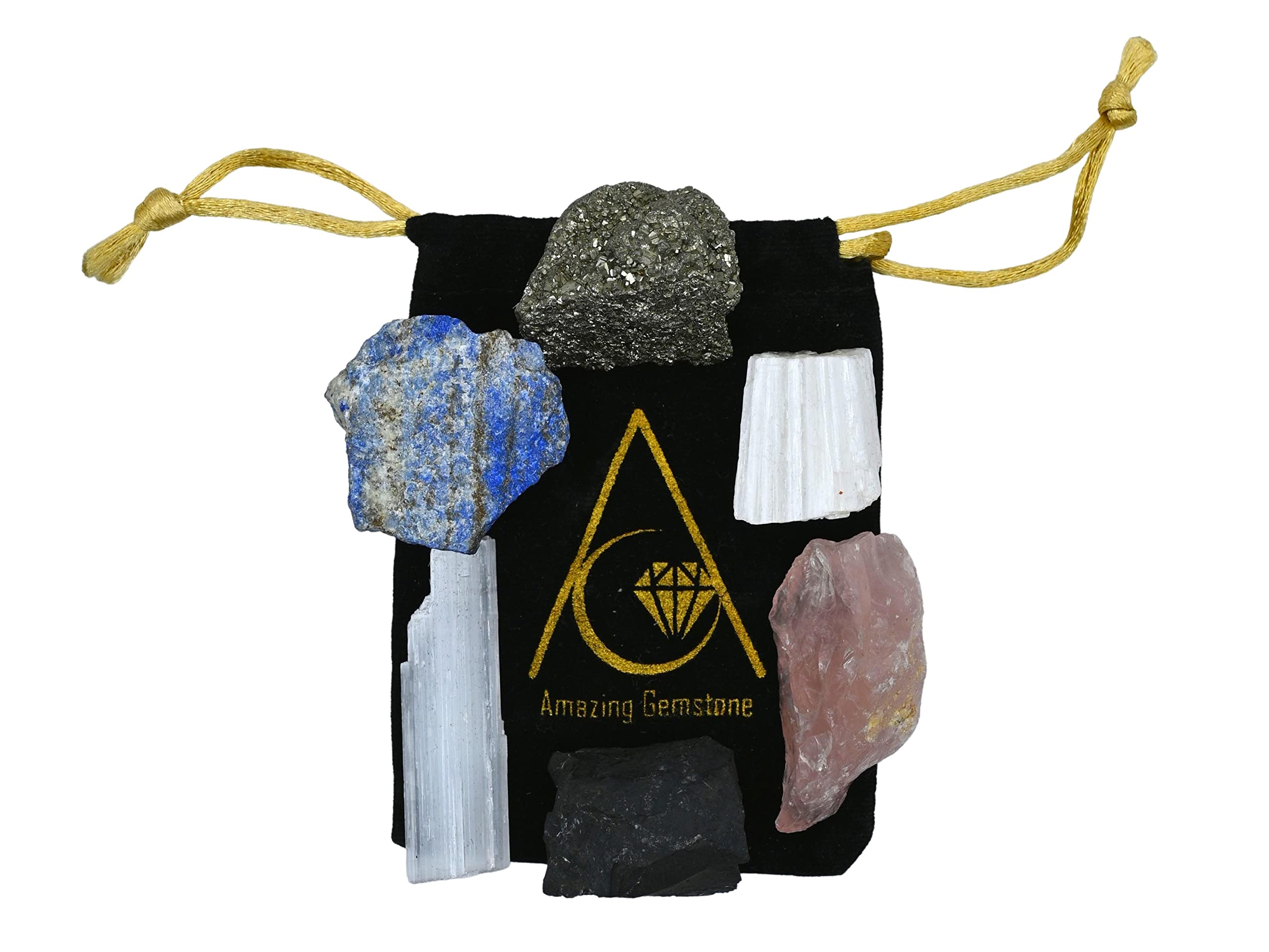 Crystals for New Home Manifestation, Set of 6 Lapis Lazuli, Selenite, Shungite, Pyrite, Scolecite and Rose Quartz Healing Crysta