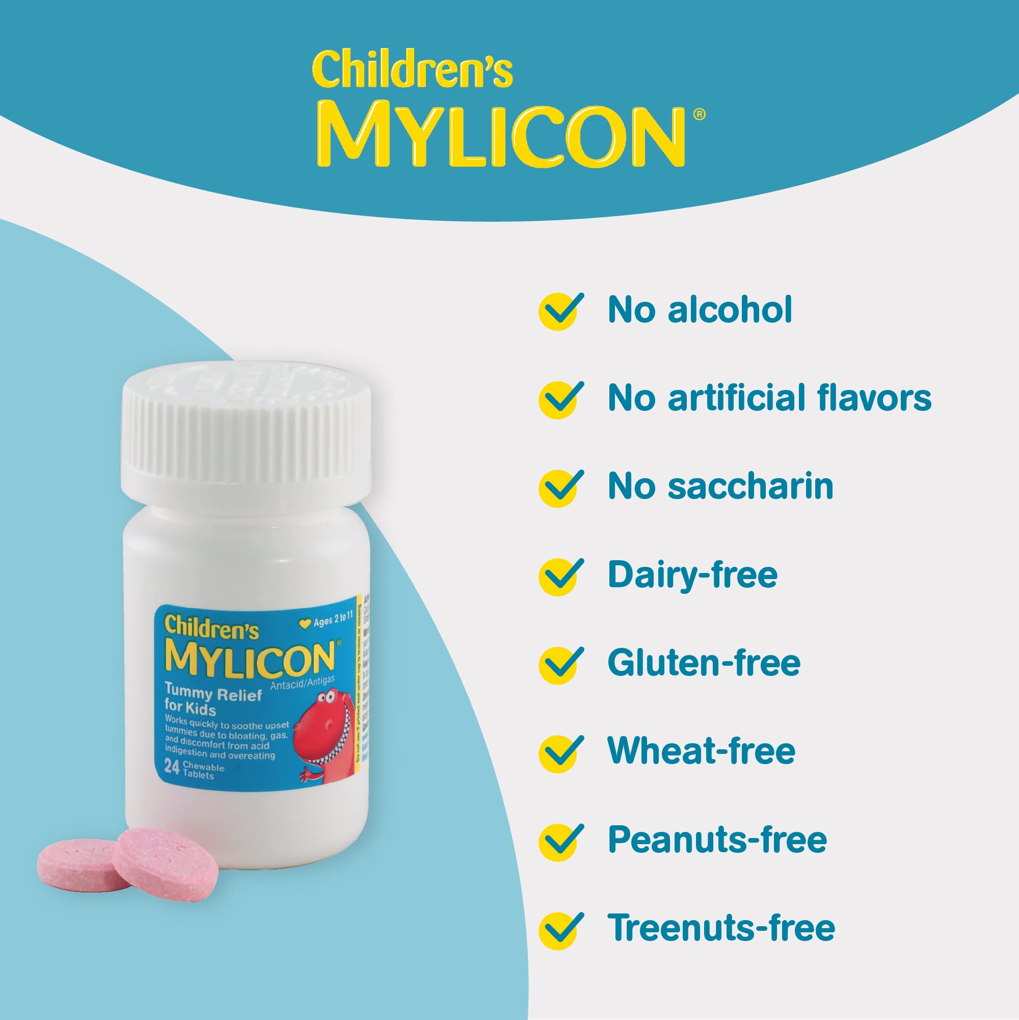 MYLICON Childrens Tummy Relief for Kids, 24 Cherry Flavored Chewable Tablets