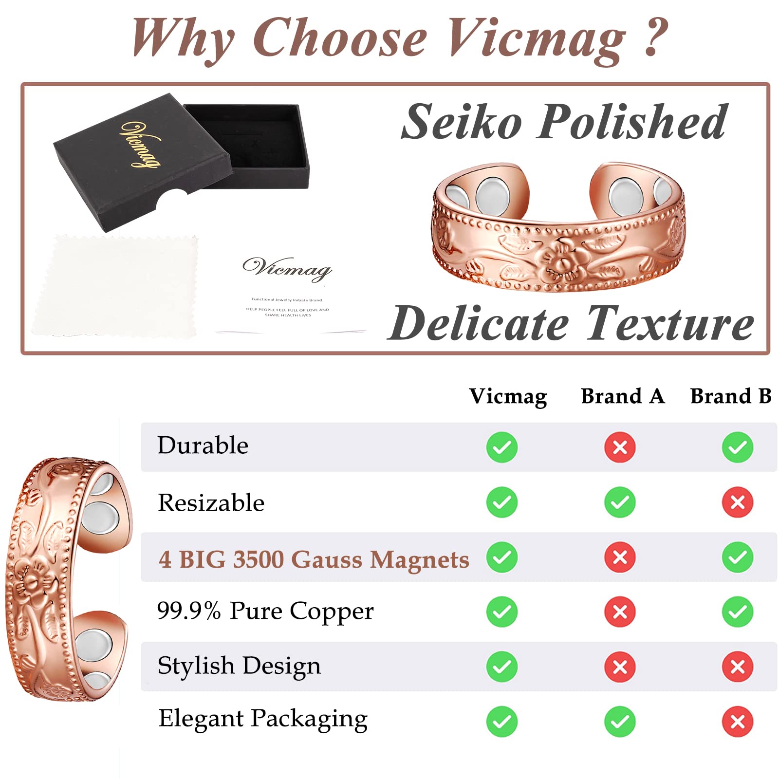 Vicmag Copper Magnetic Ring for Women Ring Ladies Fingers Thumb 99.9% Solid Pure Copper Gift 2PCS Adjustable (4X Rose Gold)