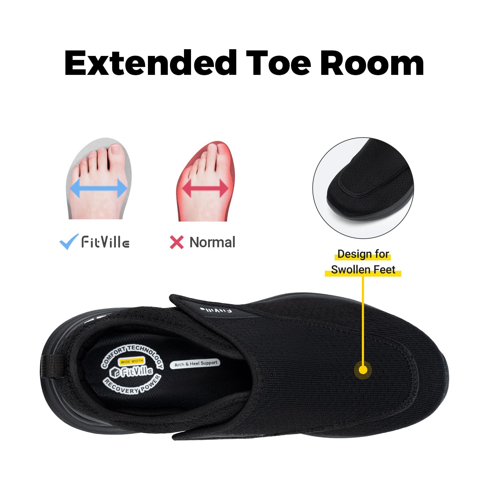 FitVille Diabetic Shoes for Men Extra Wide Slip-on Shoes for Swollen Feet Adjustable Walking Shoes for Elderly Foot Pain Relief