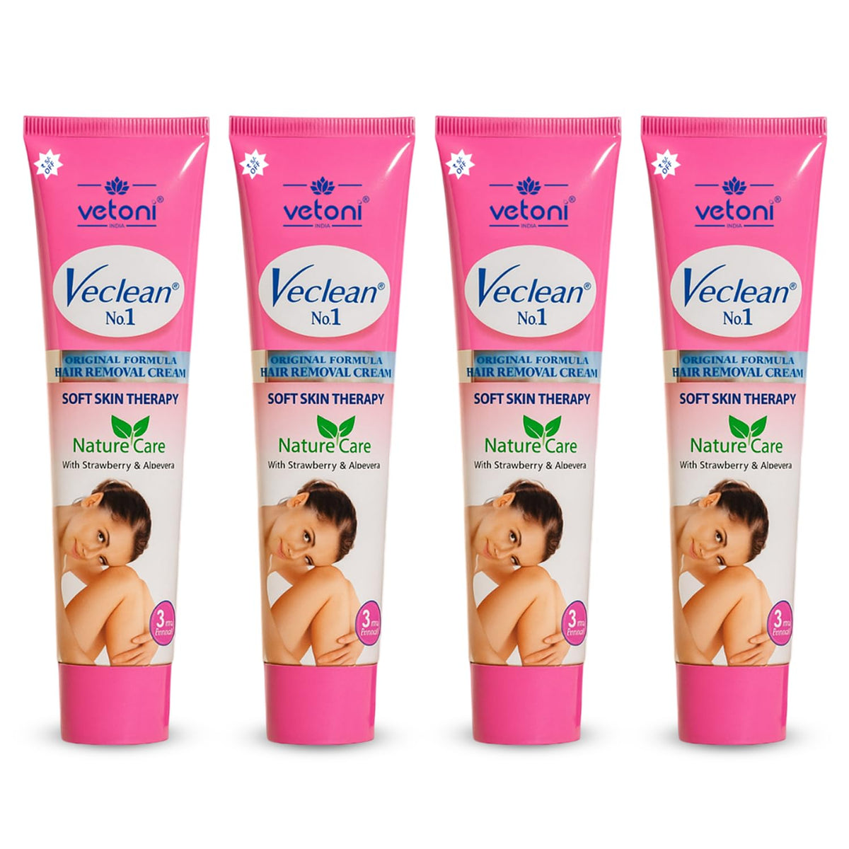 Vetoni VeClean No.1 Hair Removal Cream for Men & Women | Strawberry & Aloe Vera | Smooth & Painless | 40 g, Pack of 4