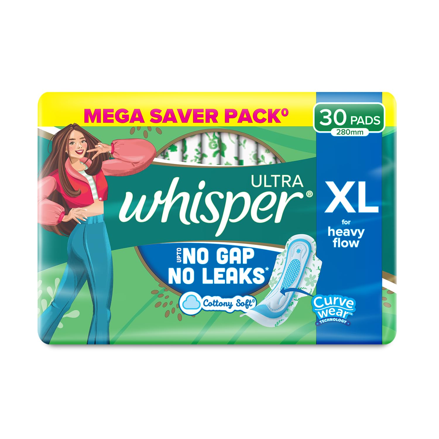 Whisper Ultra Upto No Gap No Leaks* Sanitary Pads, 30 Xl Pads, For Heavy Flow Protection, With Curvewear Technology, Cotton Like