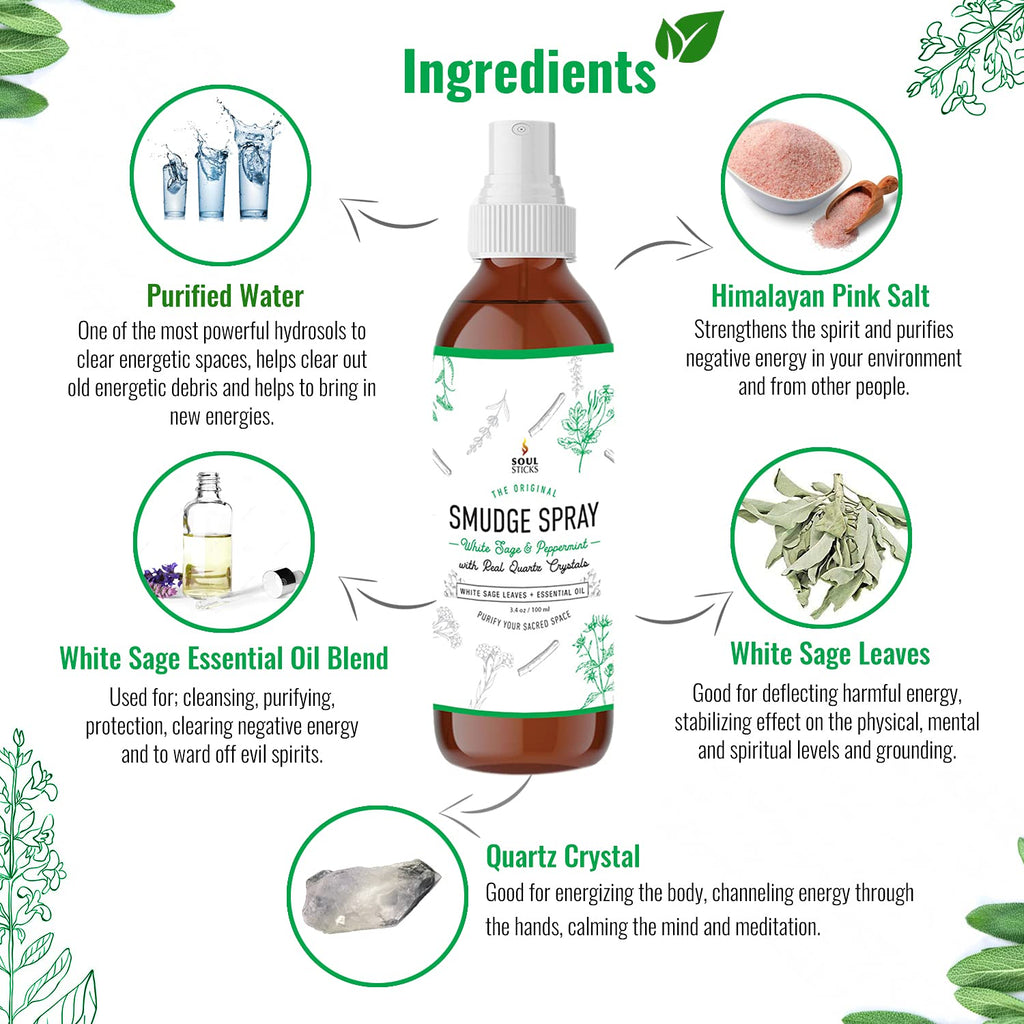 Soul Sticks Smudge Spray for Cleansing Negative Energy and Purifying Home | Made with White Sage and Quartz Crystals | 3.5 oz. B