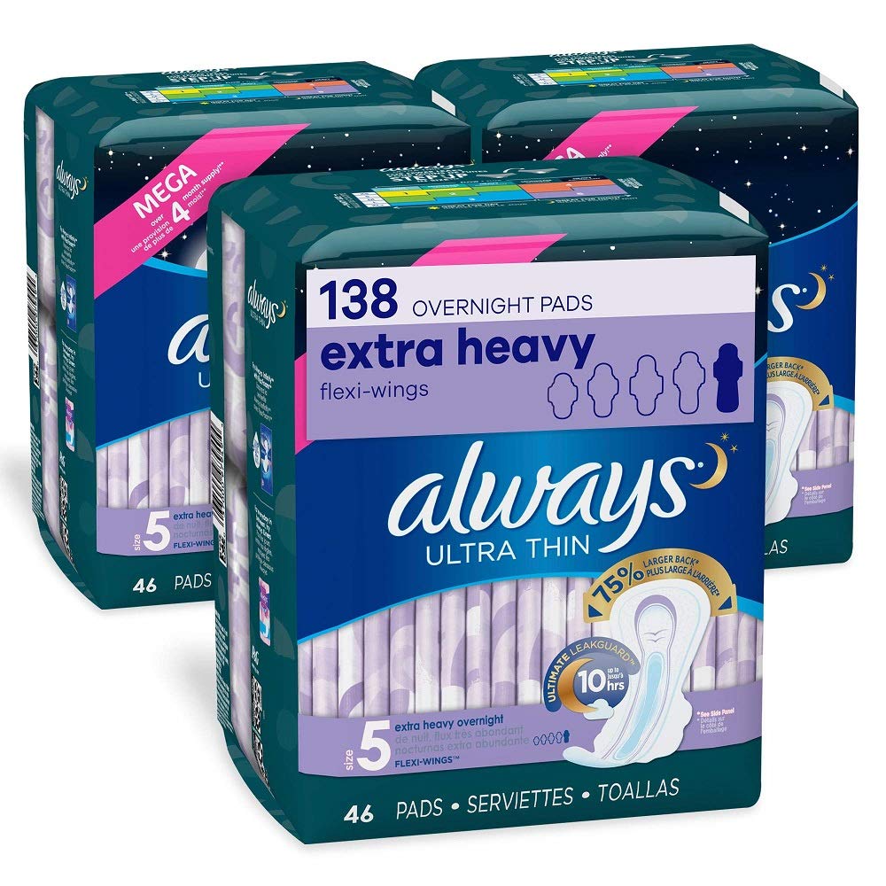 Always Ultra Thin Feminine Pads with Wings for Women, Size 5, 60 Count, Extra Heavy Overnight Absorbency, Scented (20 Count, Pac