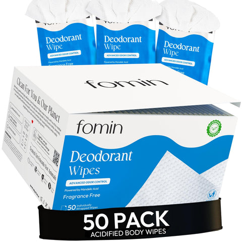 FOMIN Acidified Travel Deodorant Wipes For Women & Men - 50 Count - Fragrance Free - pH Balanced, Mini Deodorant Travel Size Wip