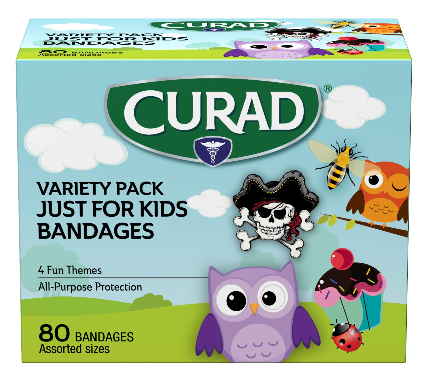 Curad Just for Kids Bandages, 4 Fun Themes, Colorful, All-Purpose Protection Plastic Bandages, 4-Sided Seal, Variety of Sizes, 8