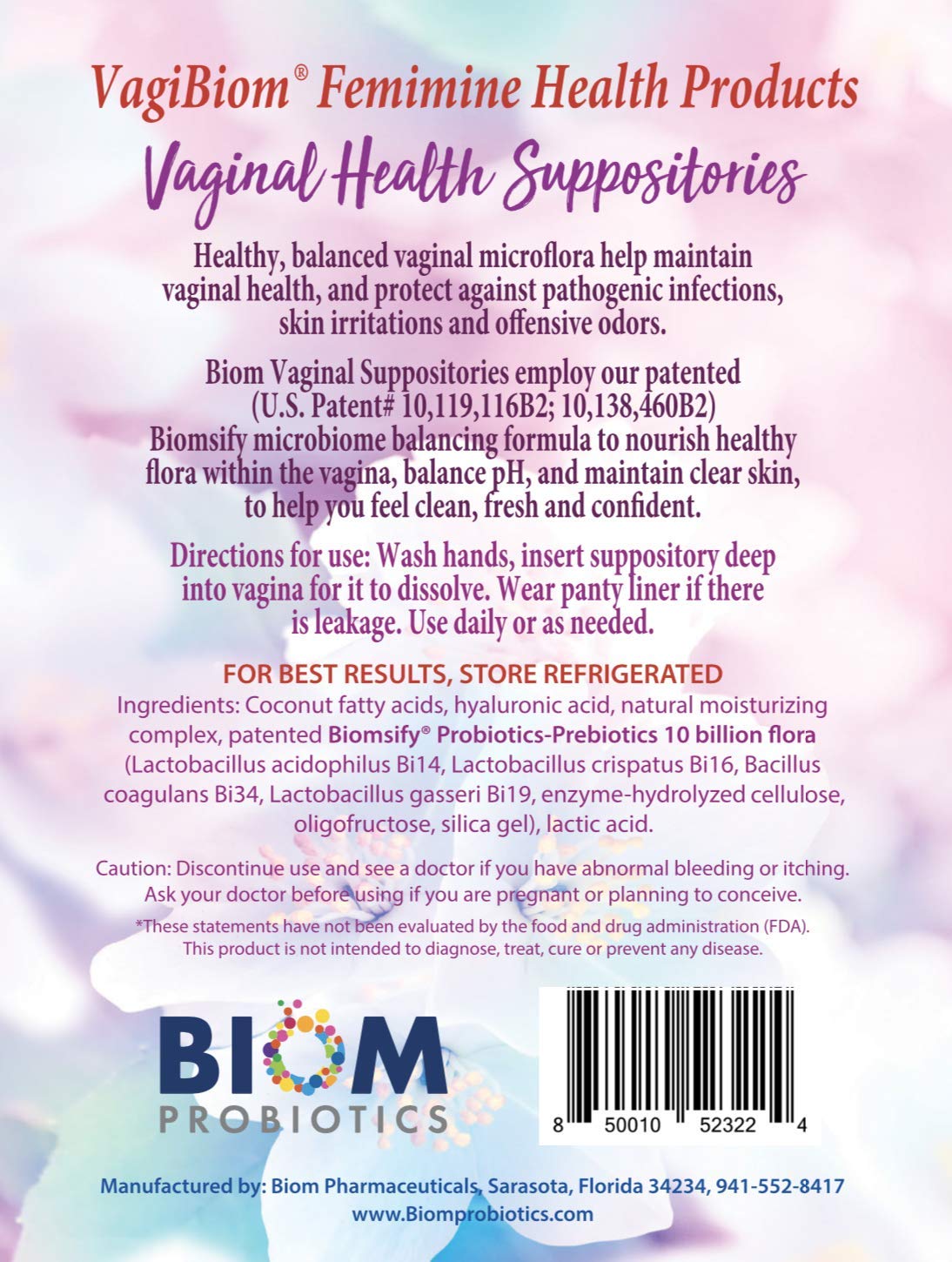 Biom Vaginal Probiotic Suppository: Natural Vaginal pH and Odor Control Regimen; Balance and Nourishes Vaginal Lactobacillus Flo