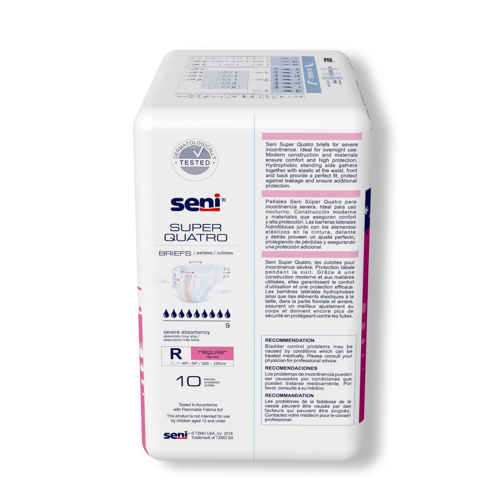 Seni Super Quatro Adult Incontinence Brief Regular Heavy Absorbency Breathable/Overnight, S-RE10-BQ1, Severe, 10 Ct