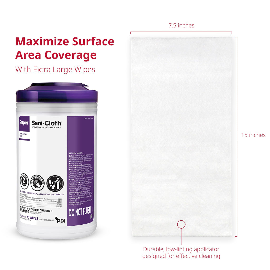 Super Sani- Cloth Germicidal Disposable Wipe, X-Large 5 x 8 Wipe, Pop Up Dispenser of 65