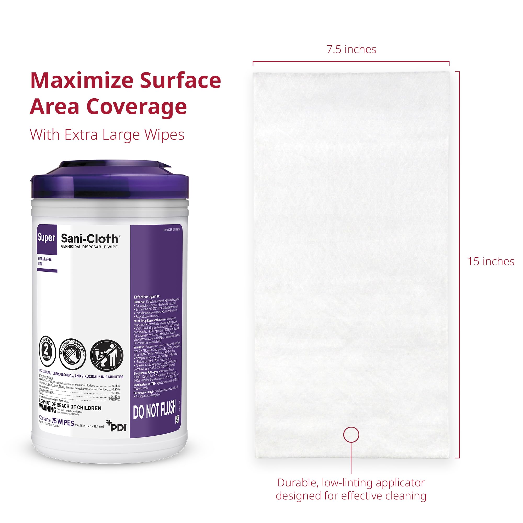 Super Sani- Cloth Germicidal Disposable Wipe, X-Large 5 x 8 Wipe, Pop Up Dispenser of 65