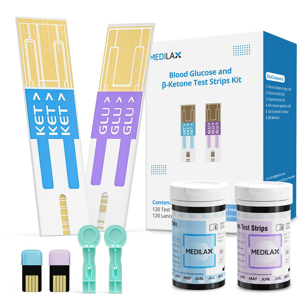 Medilax Blood Ketone and Sugar Strips, Only for Medilax Keto Test and Glucose Meter, 60 Count Diabetic Strips, 60 Count Blood Ke