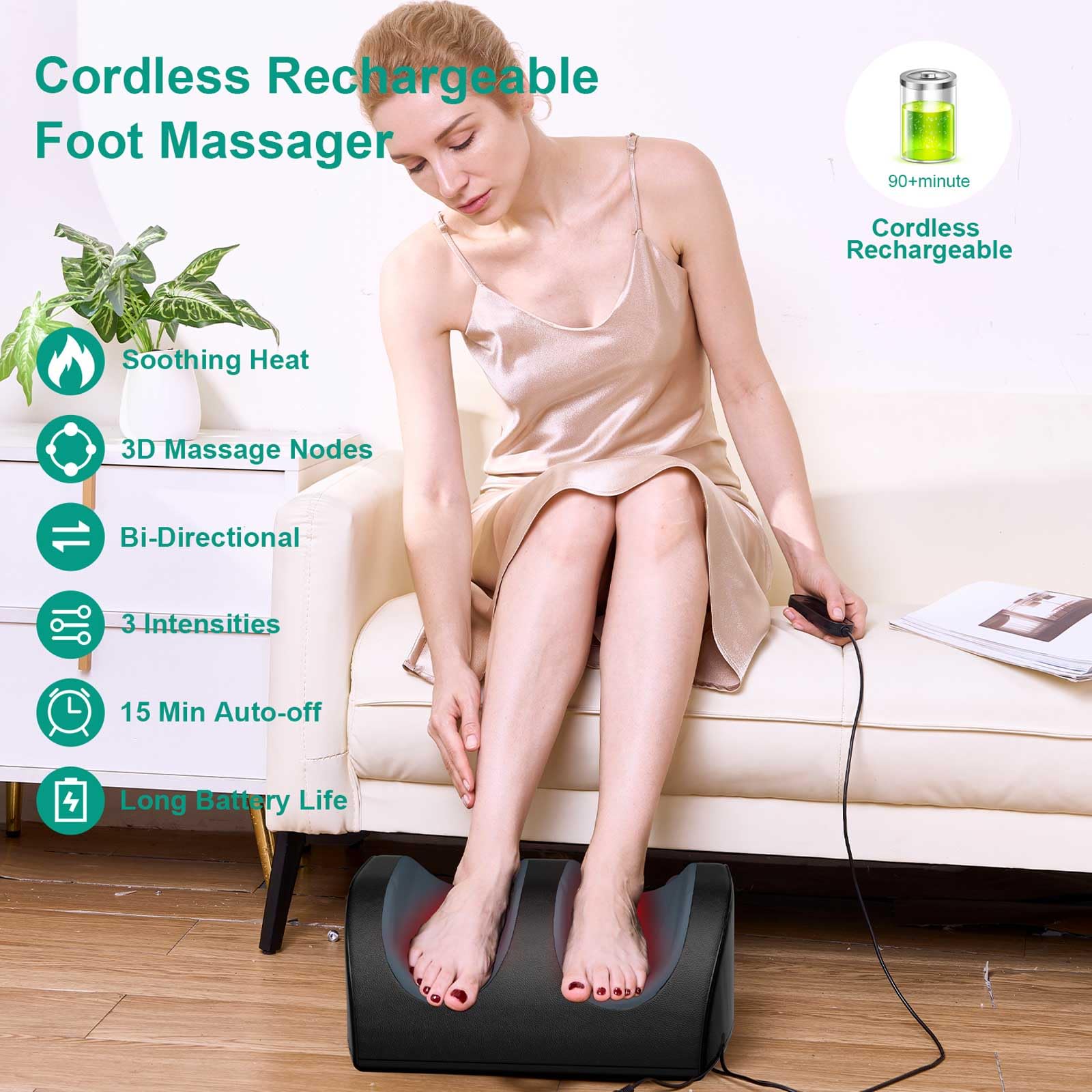 LINGTENG Rechargeable Foot Massager with Heat, Cordless Shiatsu Foot Massager for Cord Remote Control, Heated Massage with Rolle
