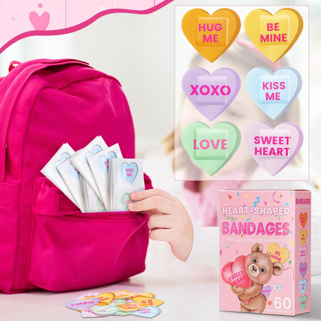 60 Pcs Valentine Conversation Heart Bandage Back to School Pencil Crayon Cute Bandage Candy Heart Valentine Gift for Kid Him Her