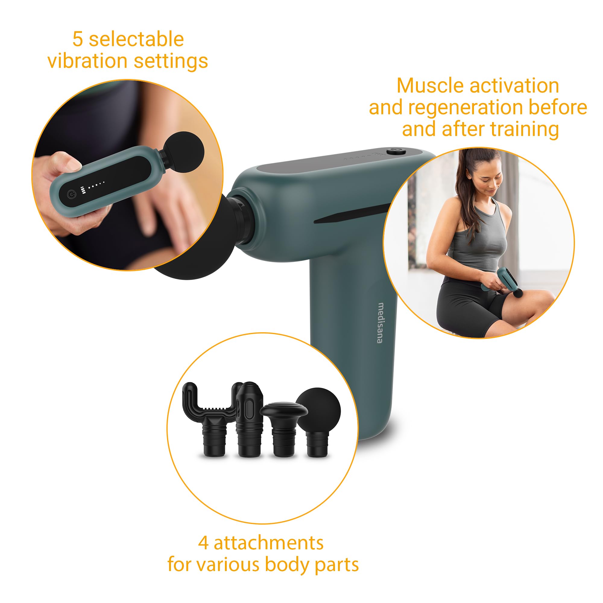 Medisana MG 200 Mini Massage Gun with 4 Heads, Intelligent Mode and 5 Intensity Levels, Long Battery Life