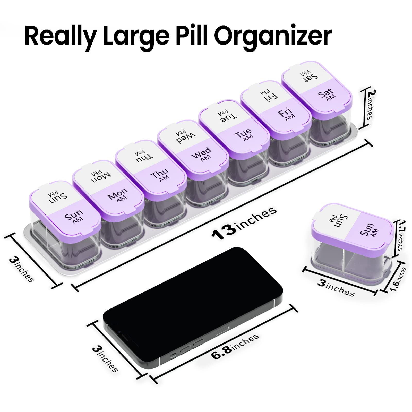 Daviky Large Pill Organizer 7 Day, Weekly XL Pill Box 2 Times a Day, Extra Big Medicine Case AM PM for Vitamins, Supplements and