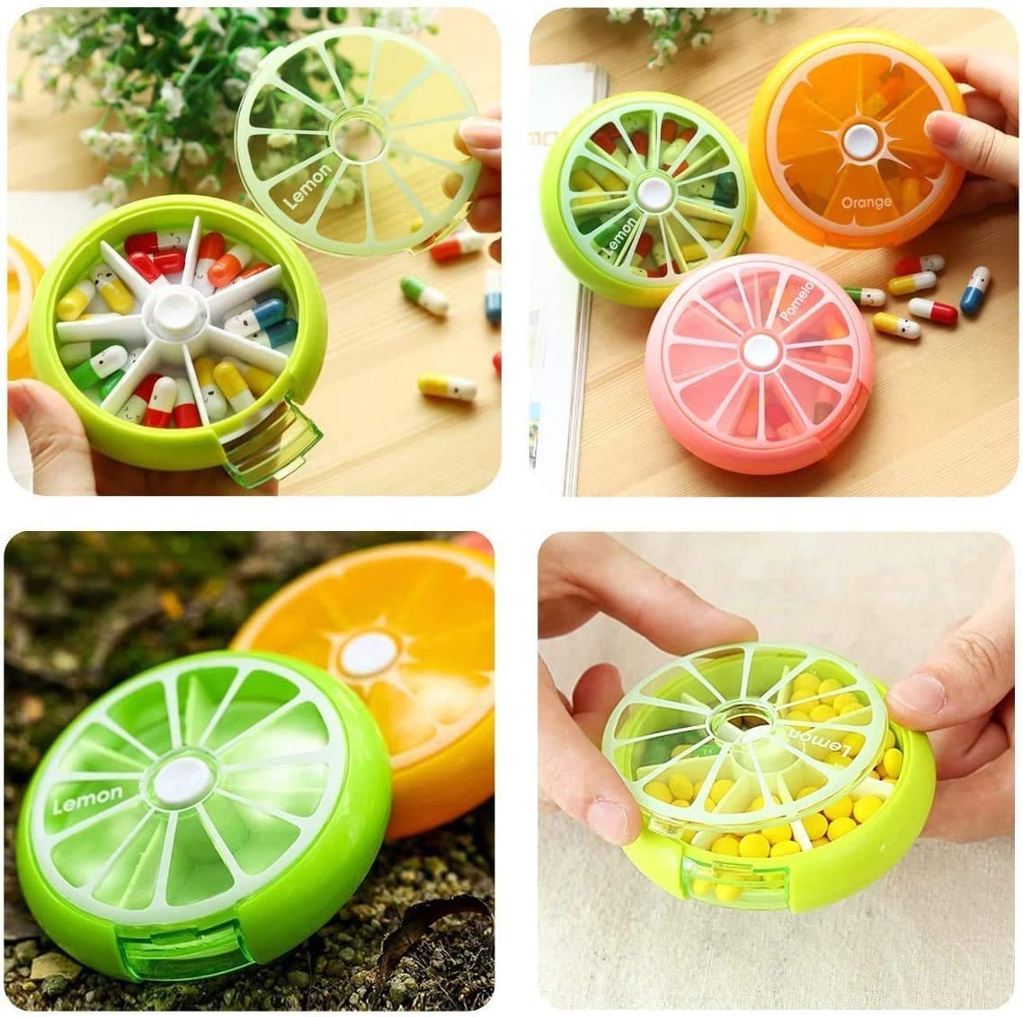 KINMINGZHU Portable Mini 7 Day Weekly Circular Shape Rotary Cute Fruit Style 3-Compartment Pill Organizer Box (Mixed Color)