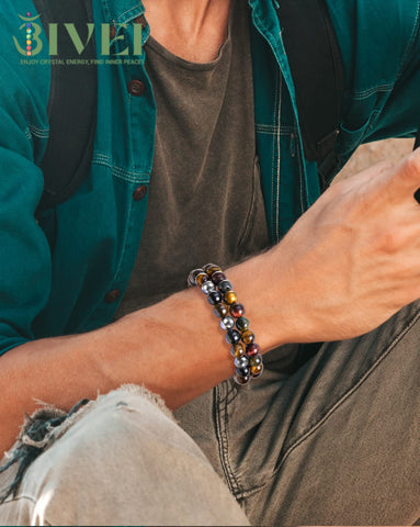 Bivei Men Bracelets Triple Protection Tiger Eye Black Obsidian Hematite Beaded Bracelets Crystal Healing Anxiety Chakra Natural 