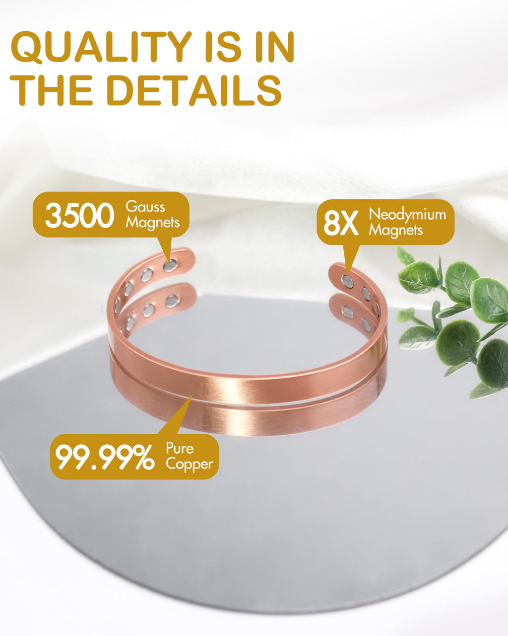 Feraco Copper Magnetic Bracelet for Men Women, 99.99% Pure Copper Cuff Bangle with Strong Neodymium Magnets, Adjustable Jewelry