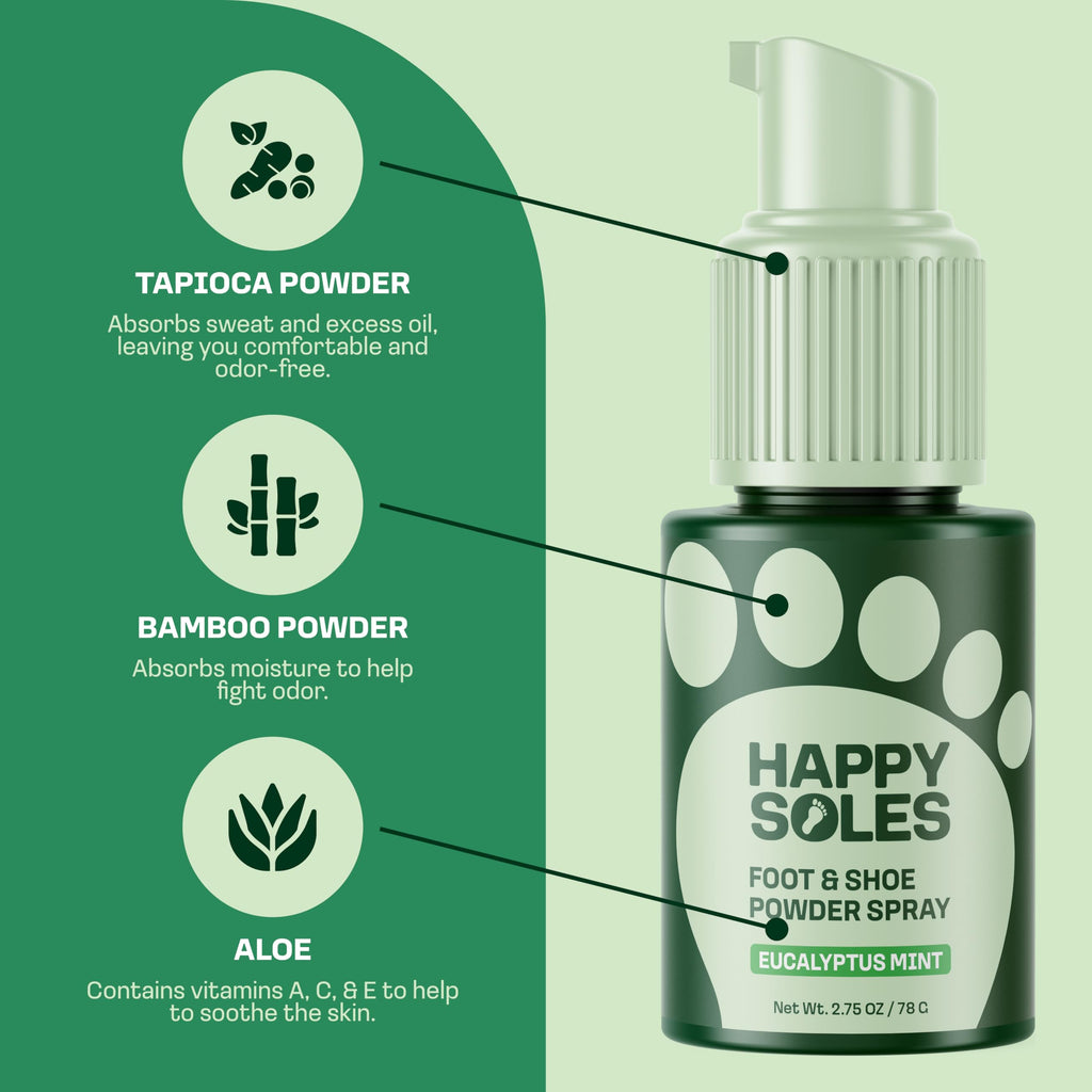 Happy Soles Foot & Shoe Deodorizer Powder Spray - Talc-Free, Vegan, Non-Aerosol Mess-Free Spray - Absorbs Sweat & Fights Odor wi