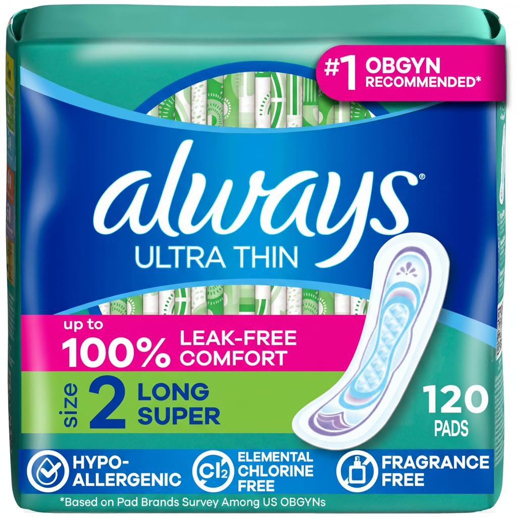 Always Ultra Thin Feminine Pads Without Wings for Women, Size 2, Long Super Absorbency, Unscented, 40 Count x 3 Pack (120 Count 