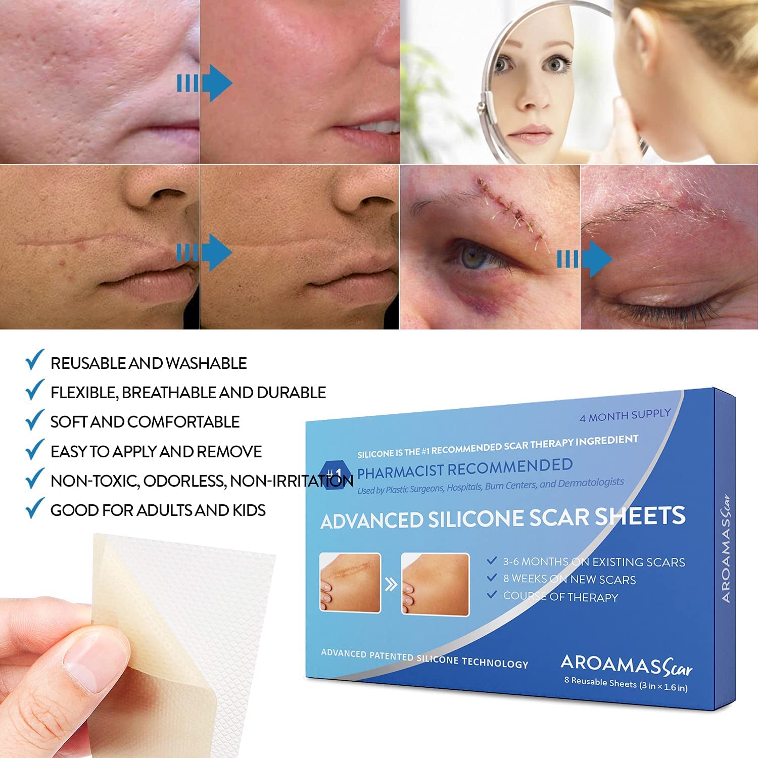 Aroamas Scar Professional Soft Silicone Scar Sheets Strips, Soften and Flattens Scars Resulting from Surgery, Injury, Burns, C-S