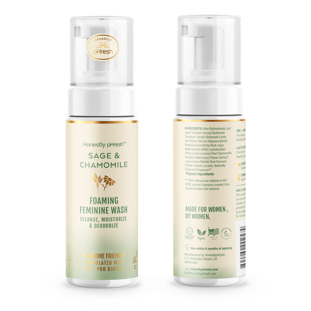 Honestly pHresh Natural Prebiotic & Probiotic Foaming Feminine Wash, pH Balanced with Essential Minerals, Safe for Sensitive Ski