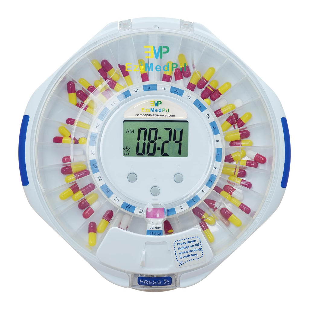 EziMedPil Automatic Pill Dispenser for Elderly & Alzheimers Care w/Audio & Visual Alerts, up to 6 Alarms/Day, Easy-Read LCD Disp