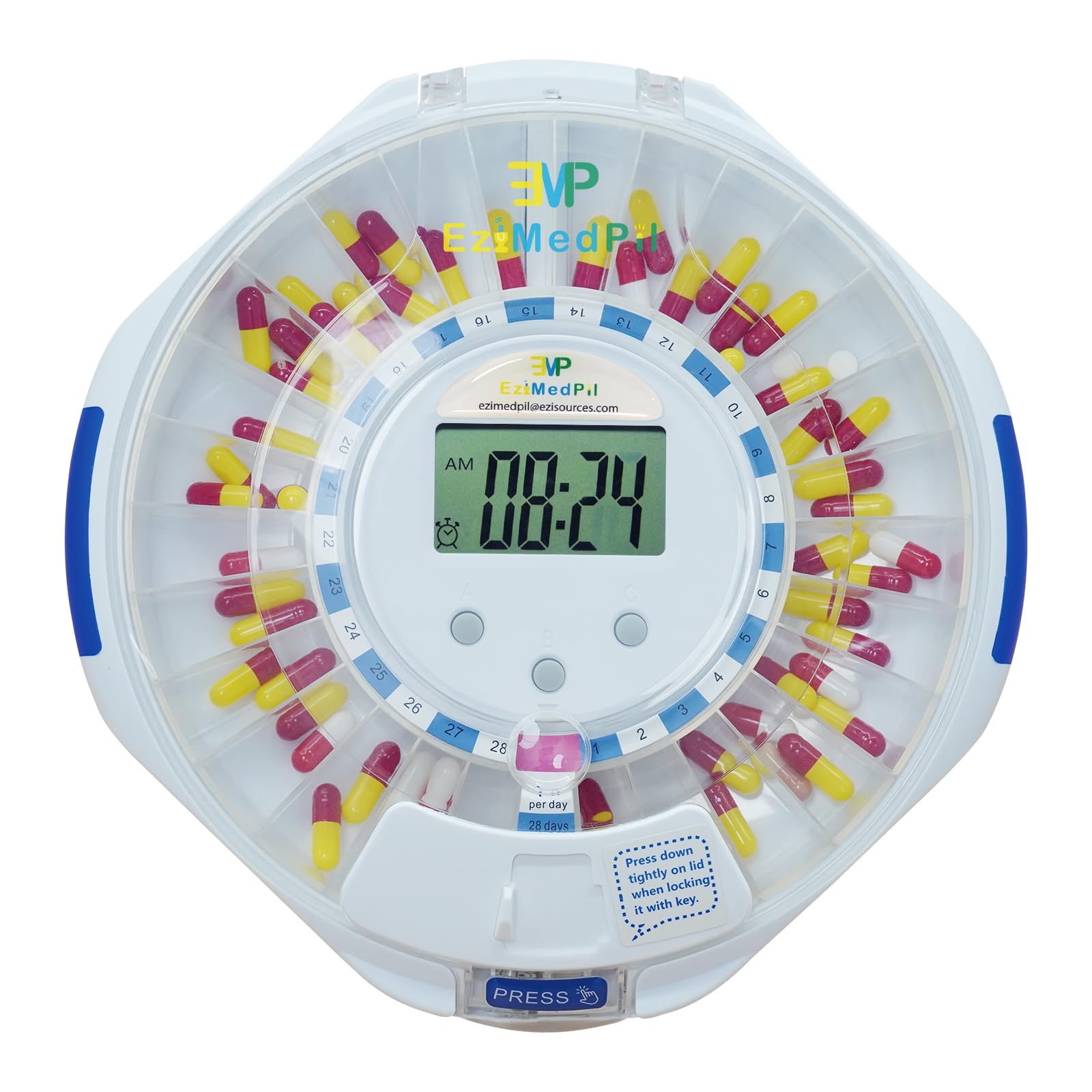 EziMedPil Automatic Pill Dispenser for Elderly & Alzheimers Care w/Audio & Visual Alerts, up to 6 Alarms/Day, Easy-Read LCD Disp