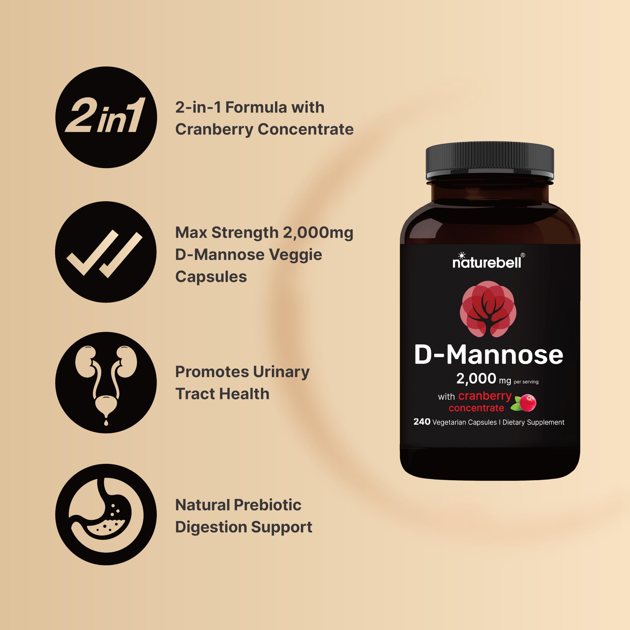NatureBell D-Mannose 500mg Capsules (2,000mg Per Serving) | 240 Veggie Capsules + Cranberry Concentrate 40mg - Fast Acting Urina
