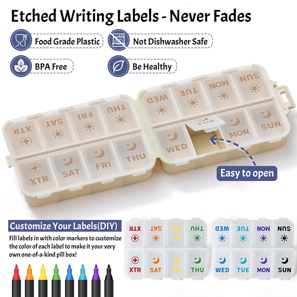 Foldable & Portable Pill Organizer 2 Times A Day with Extra Compartments - Etched Labels - Weekly 7 Day AM PM Medicine Box, Week