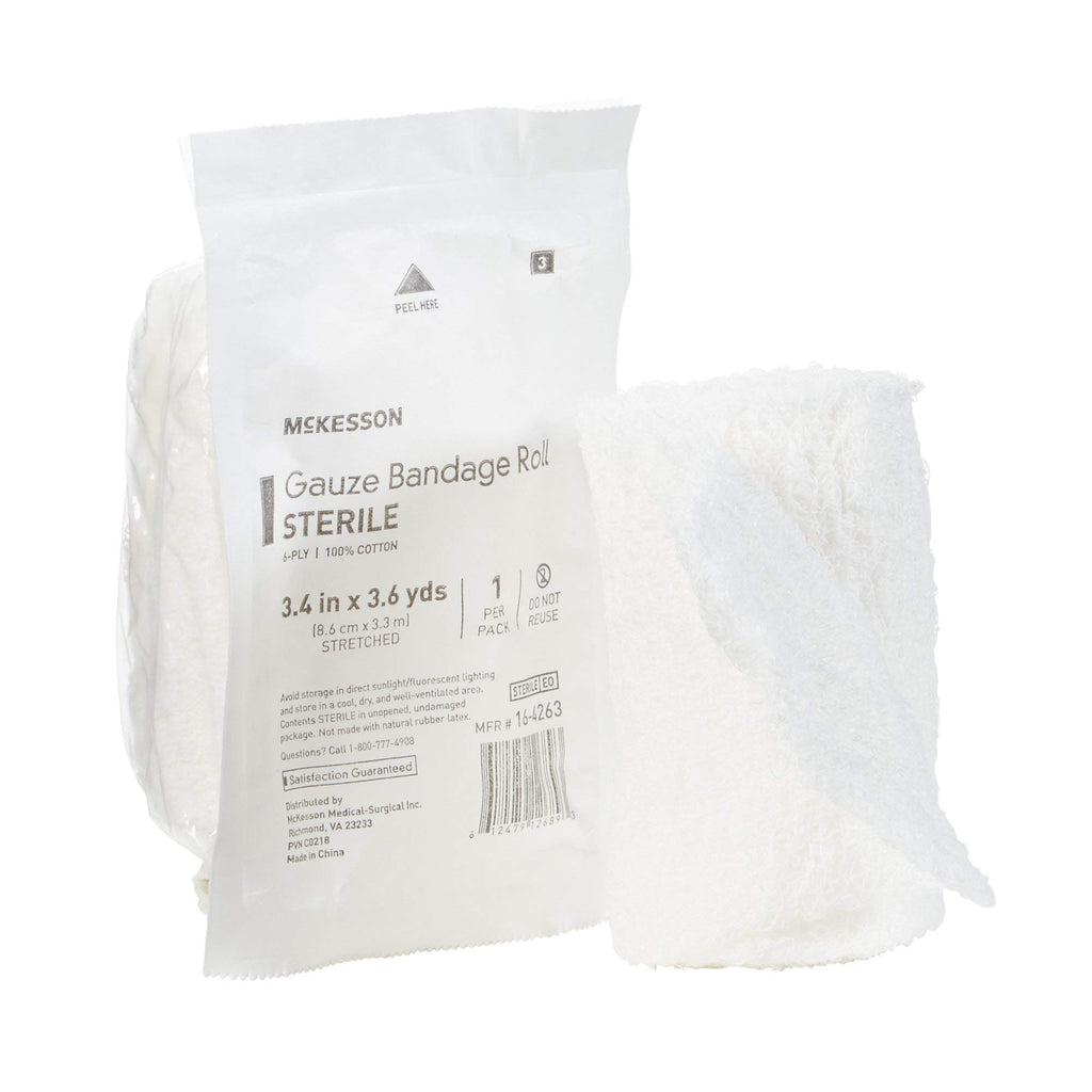 McKesson Gauze Bandage Rolls, Sterile, 6-Ply, 100% Cotton, 3 2/5 in x 3 3/5 in, 96 Count