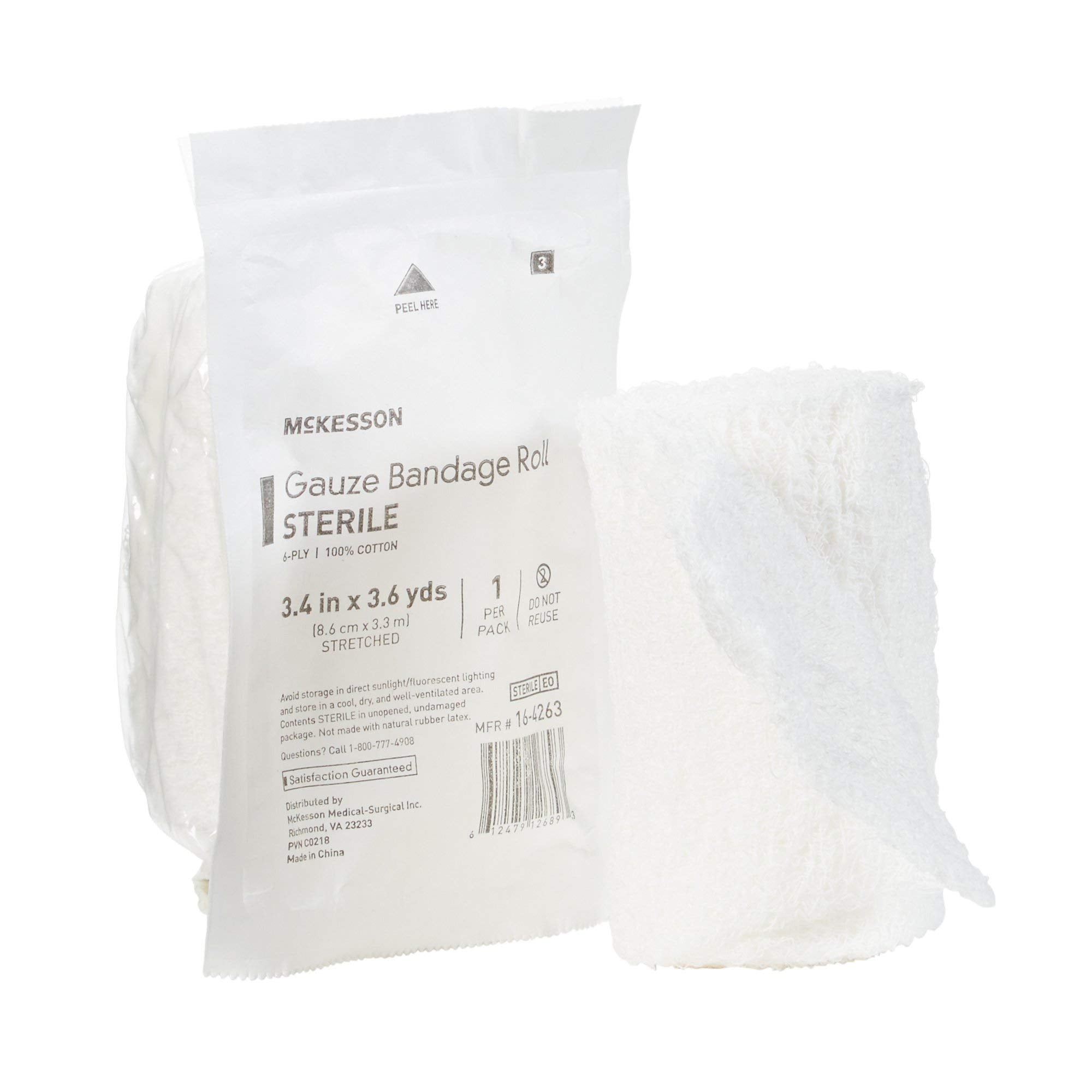 McKesson Gauze Bandage Rolls, Sterile, 6-Ply, 100% Cotton, 3 2/5 in x 3 3/5 in, 96 Count