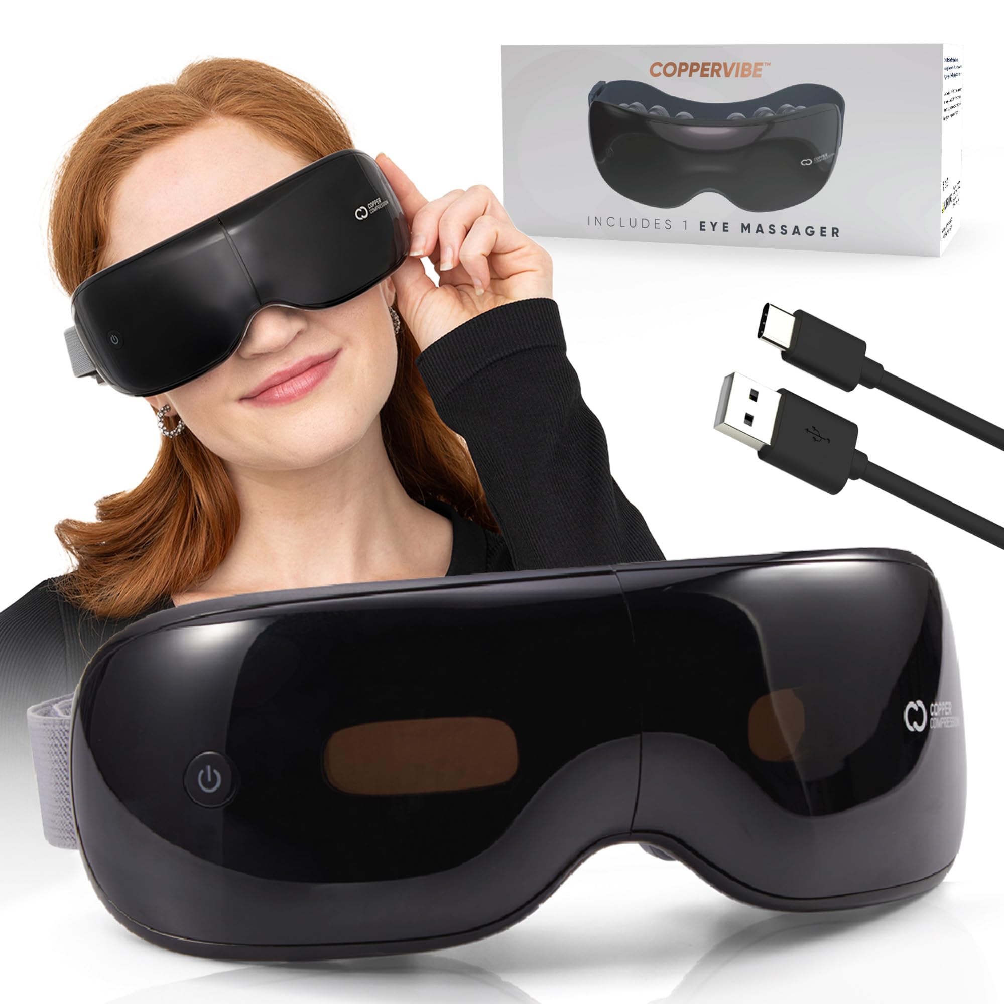 Copper Compression CopperVibe Eye Massager - Heat, Bluetooth, Transparent Visor, Timer & Adjustable Strap. Relieves Strain, Migr