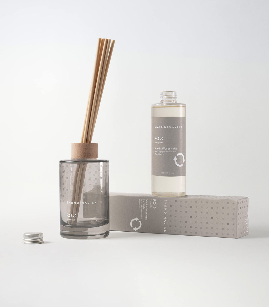 Skandinavisk RO Tranquility Scent Diffuser with 8 Reeds. Lasts +3 Months. Fragrance Notes: Cut Grass and Fallen Leaves, Cucumb