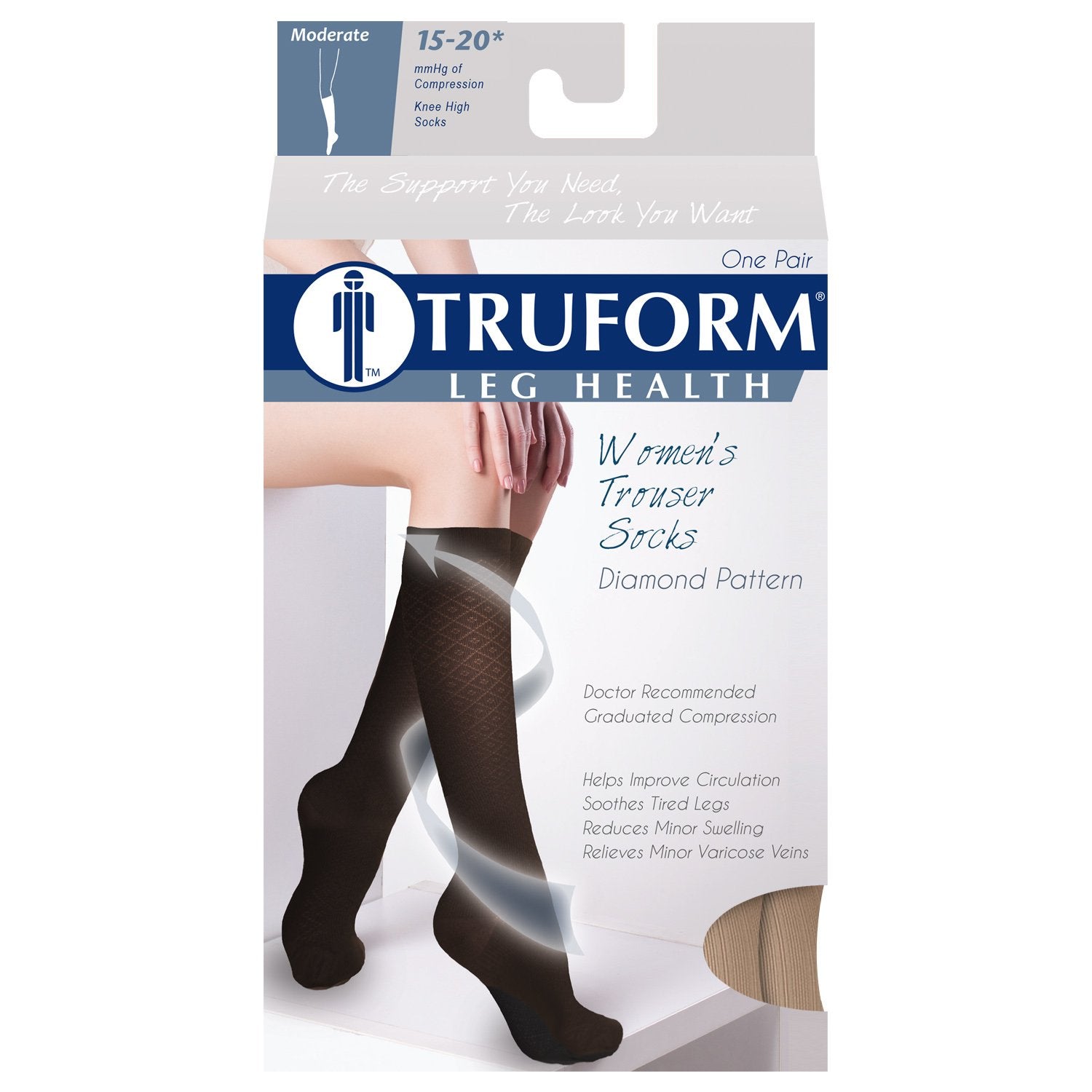 Truform Compression Socks, 15-20 mmHg, Women's Dress Socks, Knee High Over Calf Length, Tan Diamond Knit, Large